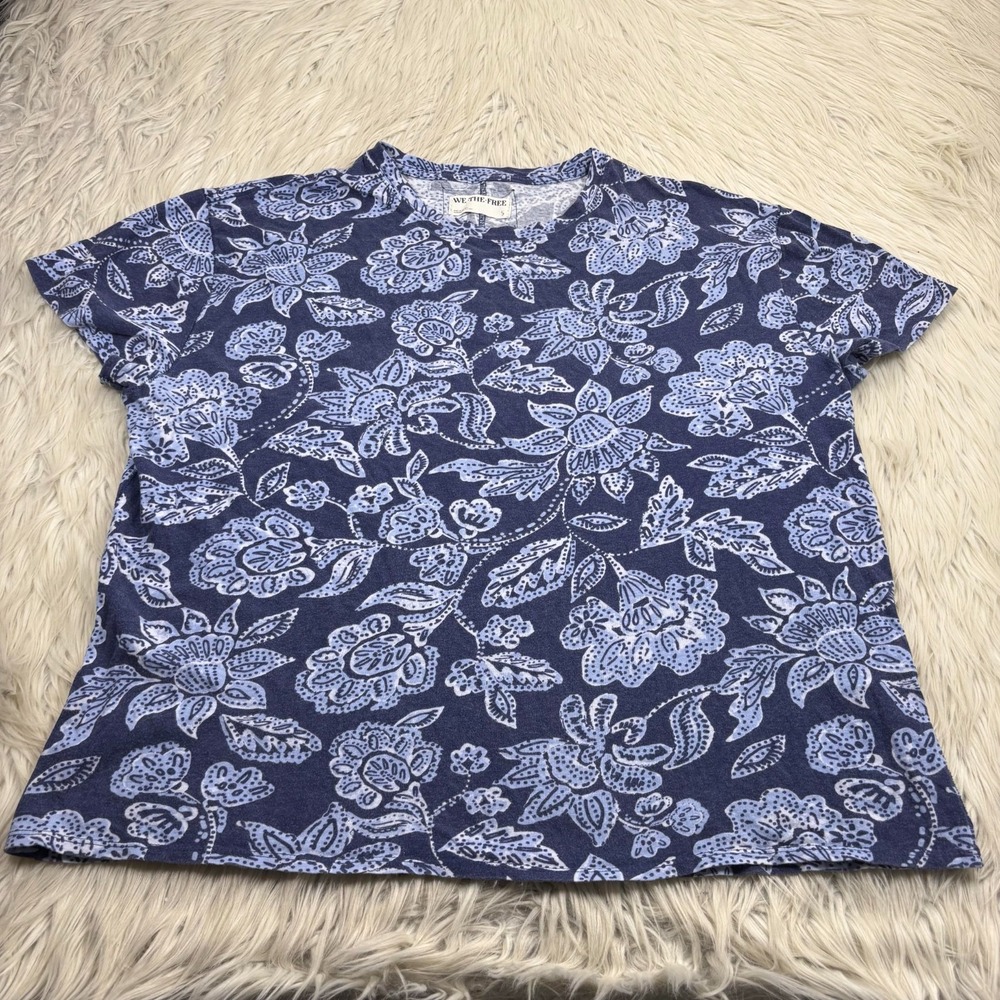 Free People Women's S Oversized Blue Floral Printed SS Nina Tee Boho Artsy Loung